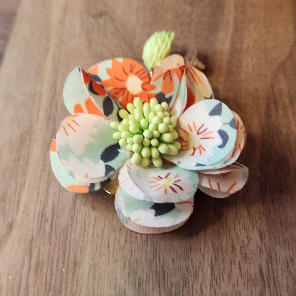 Floral Statement Drop Earrings Lime Green Orange Fabric Flower‎ Raffia Post Back